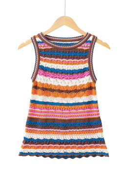 Dark Blue Striped Textured Knit Crew Neck Sweater Vest