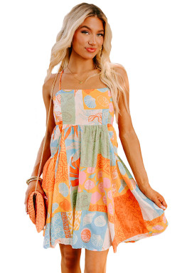 Orange Shell Print Patchwork Backless Flowy Dress