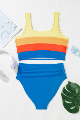 Blue Colorblock Top Pleated High Waisted Bikini Swimwear