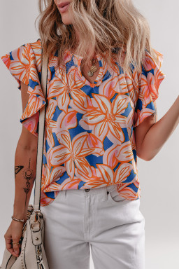 Orange Summer Flower Print Smocked Notched Neck Ruffle Blouse