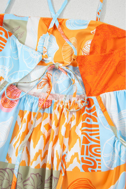Orange Shell Print Patchwork Backless Flowy Dress