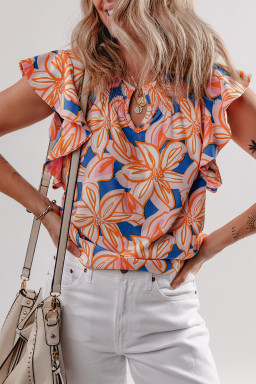 Orange Summer Flower Print Smocked Notched Neck Ruffle Blouse