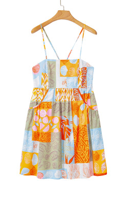 Orange Shell Print Patchwork Backless Flowy Dress