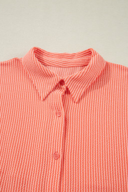 Grapefruit Orange Corded Half Sleeve High Low Hem Loose Shirt