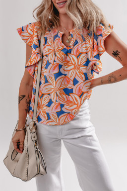 Orange Summer Flower Print Smocked Notched Neck Ruffle Blouse