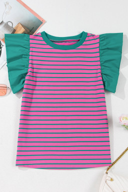 Pink Stripe Colorblock Ruffled Sleeve Crew Neck Blouse