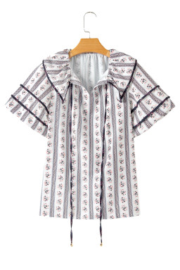 White Ruffle V-Neck Floral Print Short Sleeve Blouse