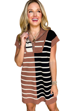Black Stripe Color Block Short Sleeve Quarter Zip Mini Dress