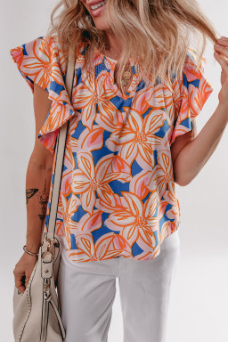 Orange Summer Flower Print Smocked Notched Neck Ruffle Blouse