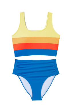 Blue Colorblock Top Pleated High Waisted Bikini Swimwear