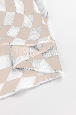 Khaki Checkered Pattern Mesh Long Sleeve Top
