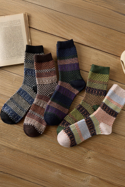 Brown Vintage Jacquard Cotton Crew Socks