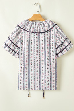 White Ruffle V-Neck Floral Print Short Sleeve Blouse