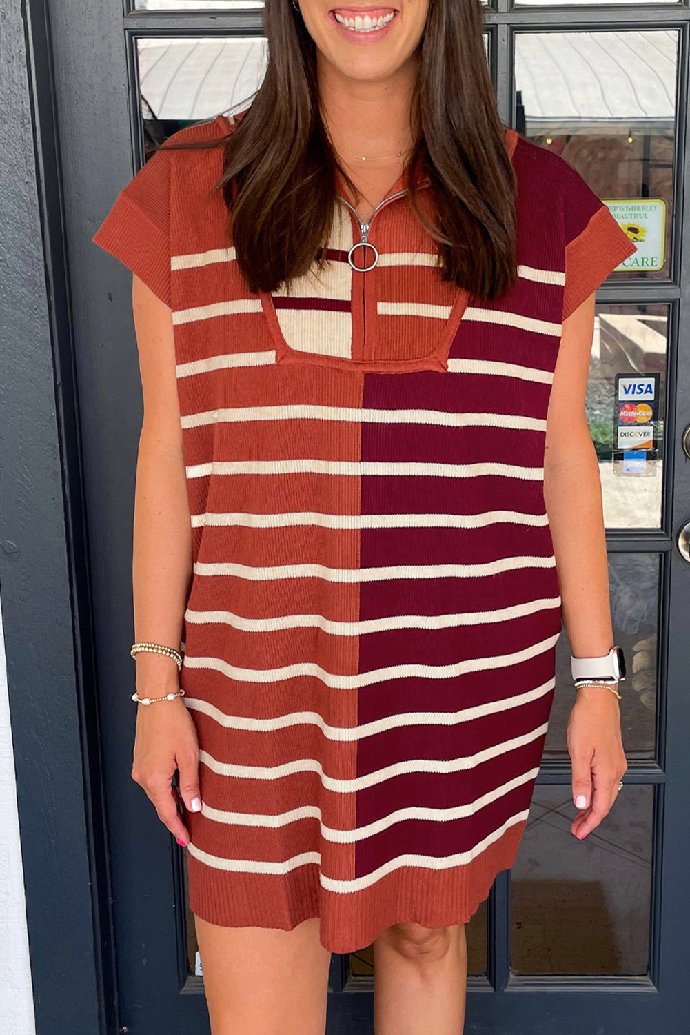 Brown Stripe Color Block Short Sleeve Quarter Zip Mini Dress