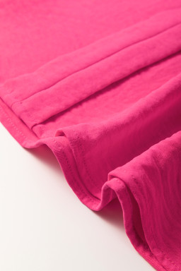 Rose Red Solid Shirred Cuff Notch V Neck Blouse