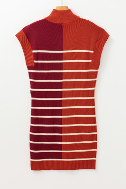 Brown Stripe Color Block Short Sleeve Quarter Zip Mini Dress