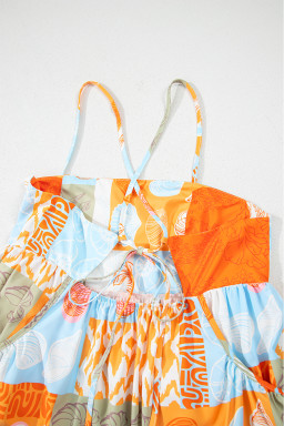 Orange Shell Print Patchwork Backless Flowy Dress