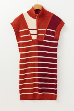 Brown Stripe Color Block Short Sleeve Quarter Zip Mini Dress