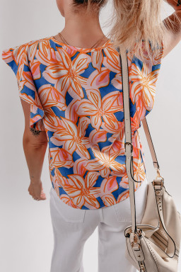 Orange Summer Flower Print Smocked Notched Neck Ruffle Blouse