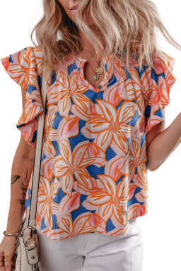 Orange Summer Flower Print Smocked Notched Neck Ruffle Blouse