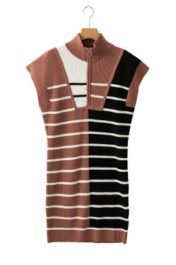 Black Stripe Color Block Short Sleeve Quarter Zip Mini Dress