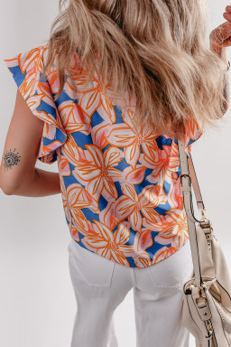 Orange Summer Flower Print Smocked Notched Neck Ruffle Blouse