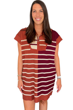 Brown Stripe Color Block Short Sleeve Quarter Zip Mini Dress