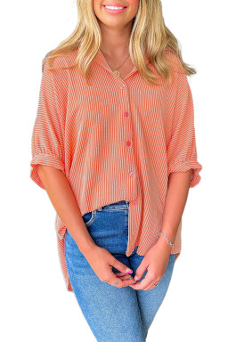 Grapefruit Orange Corded Half Sleeve High Low Hem Loose Shirt