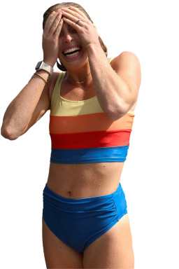 Blue Colorblock Top Pleated High Waisted Bikini Swimwear