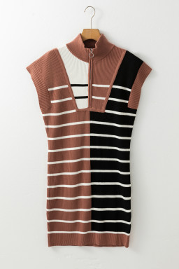 Black Stripe Color Block Short Sleeve Quarter Zip Mini Dress