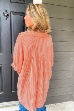 Grapefruit Orange Corded Half Sleeve High Low Hem Loose Shirt