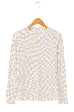 Khaki Checkered Pattern Mesh Long Sleeve Top