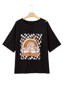 Black Checkered DESERT DREAMS Print Ripped Plus Size Tee