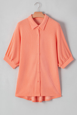 Grapefruit Orange Corded Half Sleeve High Low Hem Loose Shirt