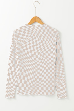 Khaki Checkered Pattern Mesh Long Sleeve Top