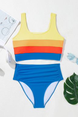 Blue Colorblock Top Pleated High Waisted Bikini Swimwear