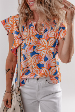 Orange Summer Flower Print Smocked Notched Neck Ruffle Blouse