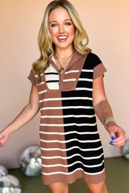 Black Stripe Color Block Short Sleeve Quarter Zip Mini Dress