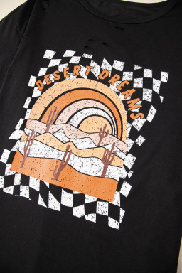 Black Checkered DESERT DREAMS Print Ripped Plus Size Tee
