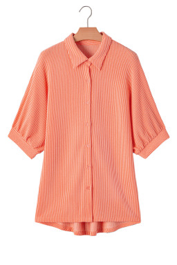 Grapefruit Orange Corded Half Sleeve High Low Hem Loose Shirt