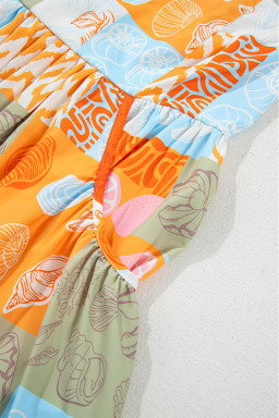 Orange Shell Print Patchwork Backless Flowy Dress