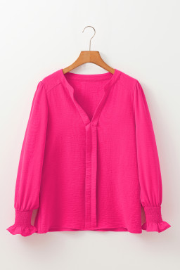 Rose Red Solid Shirred Cuff Notch V Neck Blouse