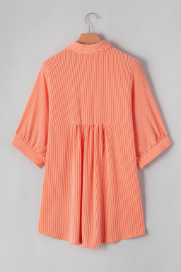 Grapefruit Orange Corded Half Sleeve High Low Hem Loose Shirt