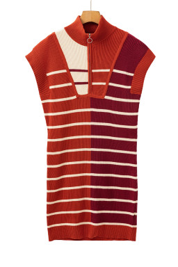 Brown Stripe Color Block Short Sleeve Quarter Zip Mini Dress
