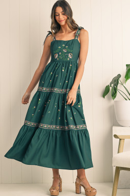 Blackish Green Boho Floral Print Sleeveless Dress