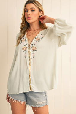Beige Floral Embroidered Crinkle Puff Sleeve Loose Blouse