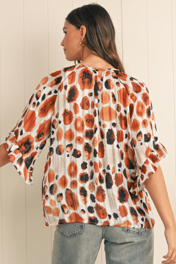 Brown Abstract Print Ruffle 3/4 Sleeve Tie Neck Blouse