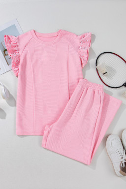 Pink Textured Pearl Ruffle Sleeve Wide Leg Two Piece Pants Set