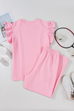 Pink Textured Pearl Ruffle Sleeve Wide Leg Two Piece Pants Set