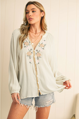 Beige Floral Embroidered Crinkle Puff Sleeve Loose Blouse